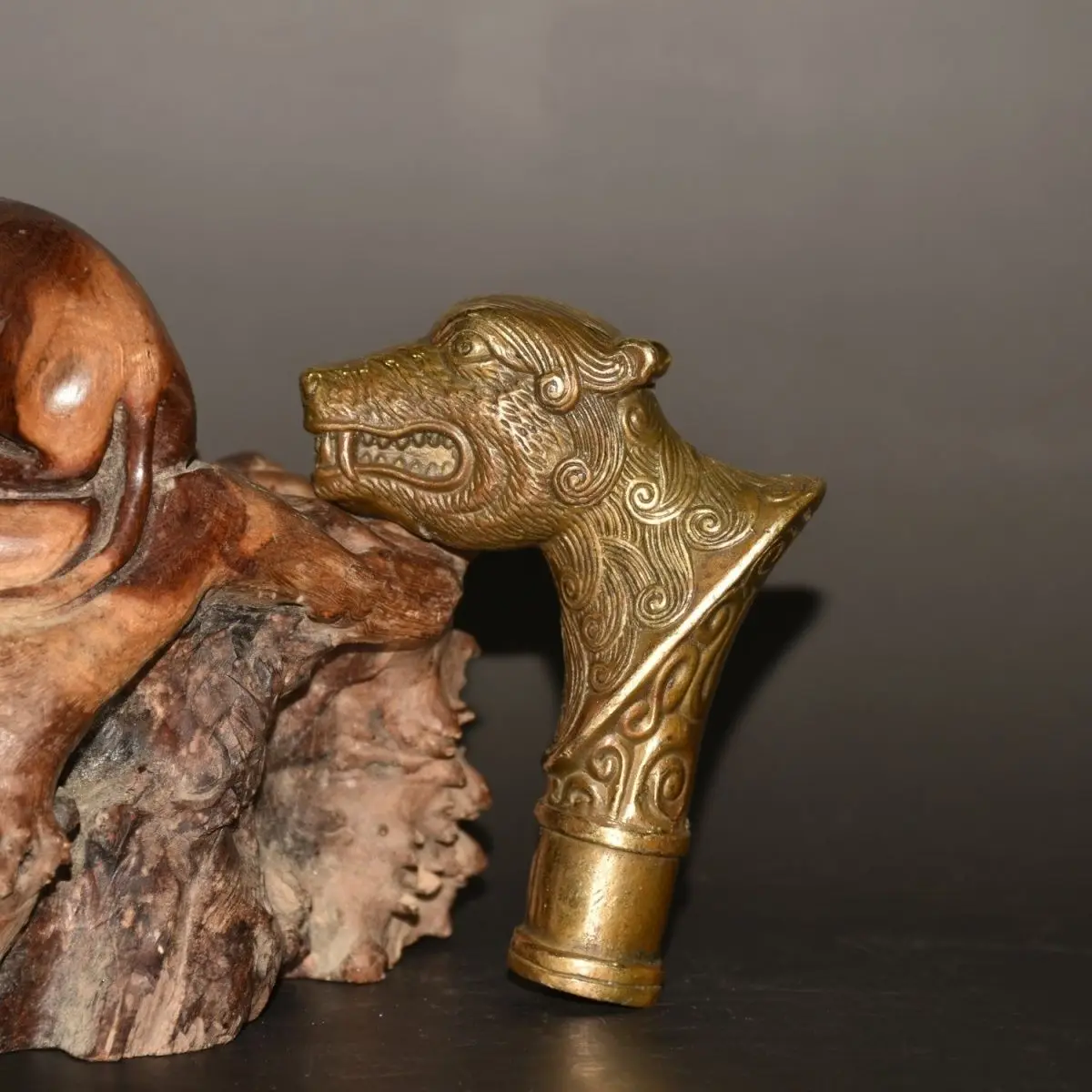Grinning wolf  Head Walking Stick Head handle Statue