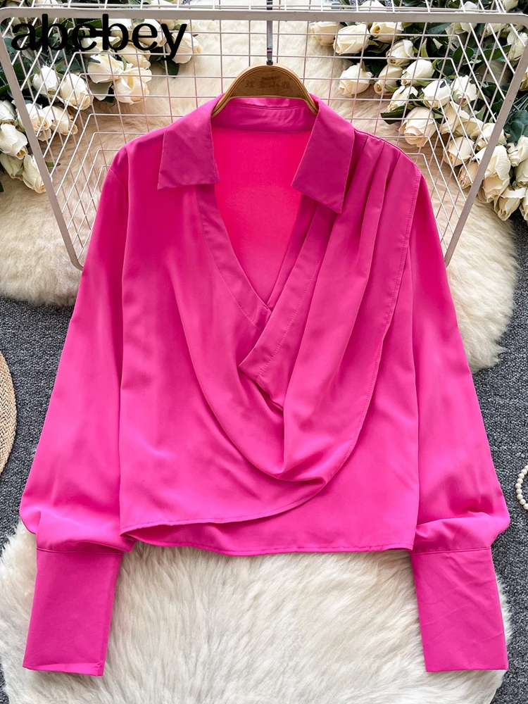

2026 New Solid Spliced Folds Basics Shirt Female Lapel Minimalist Women's Shirts Long Sleeve Summer Style Fashion Clothes