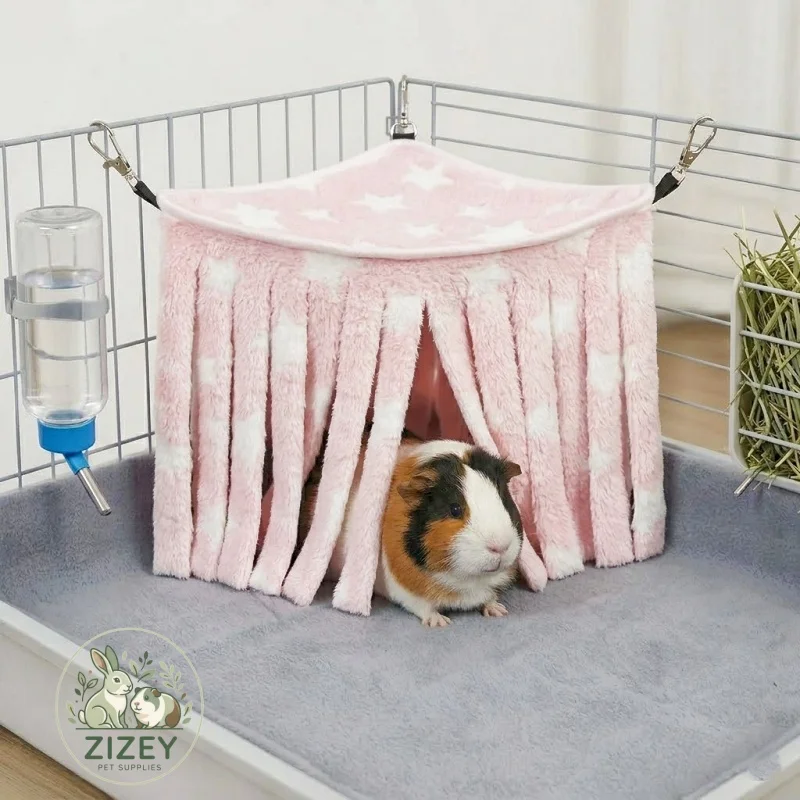 Meerschweinchen-Eck-Fleece-Versteck mit Hängevorhang und Quasten, Hängematte, Haustierbett für Kaninchen, Chinchilla, Frettchen, Ratte, Käfigdekoration – Detail 2