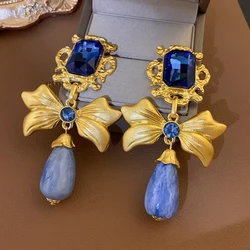 3 Pcs Bluey Rhinestone Square Bowknot Water Drop Dangle Earrings for Women Vintage Unique Design Necklaces Collar Jewelry Sets