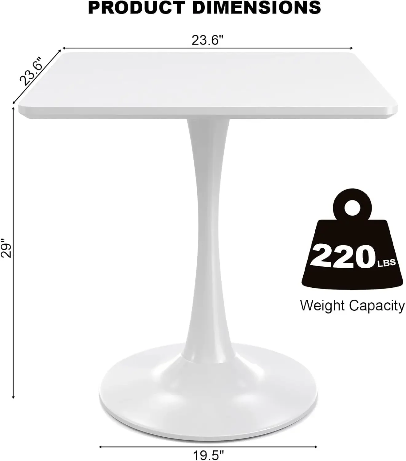 White Square Tulip Table for 2, 24 Inch Small Dining Table with Metal Pedestal Base for Kitchen, Mid-Century Modern Table