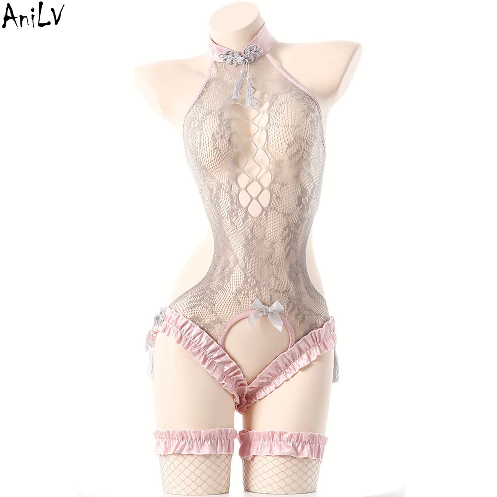 

AniLV Cute Girl Pink Mesh Hollow Bodysuit Open Crotch Sexy Lingerie Women Temptation Pajamas Outfits Erotic Costumes
