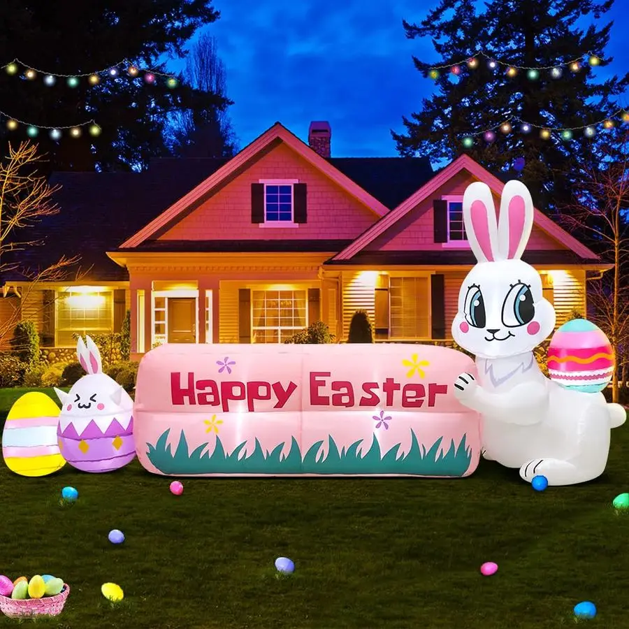 

Надувной пасхальный кролик для улицы с баннером «С Пасхой!», со встроенными светодиодами, надувное украшение для газона и сада