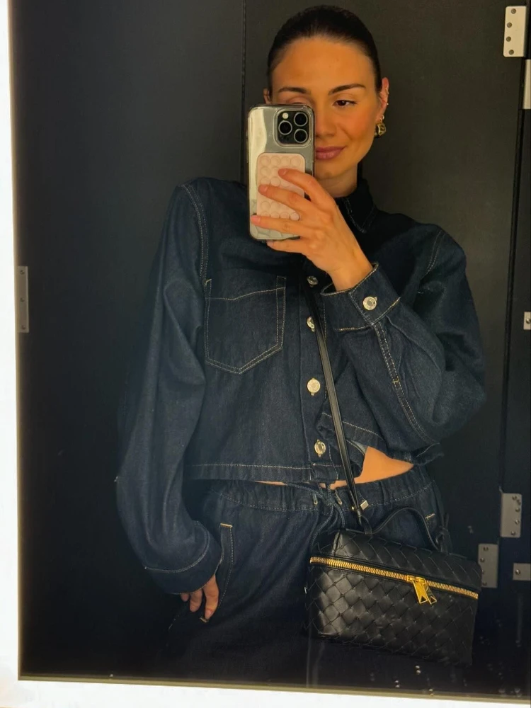 ZBZA Women\'s Denim Shirt Pants Suit Comfort Lapel Denim Long Sleeve Single Breasted Shirt High-waisted Jogger Jeans New Chic Set