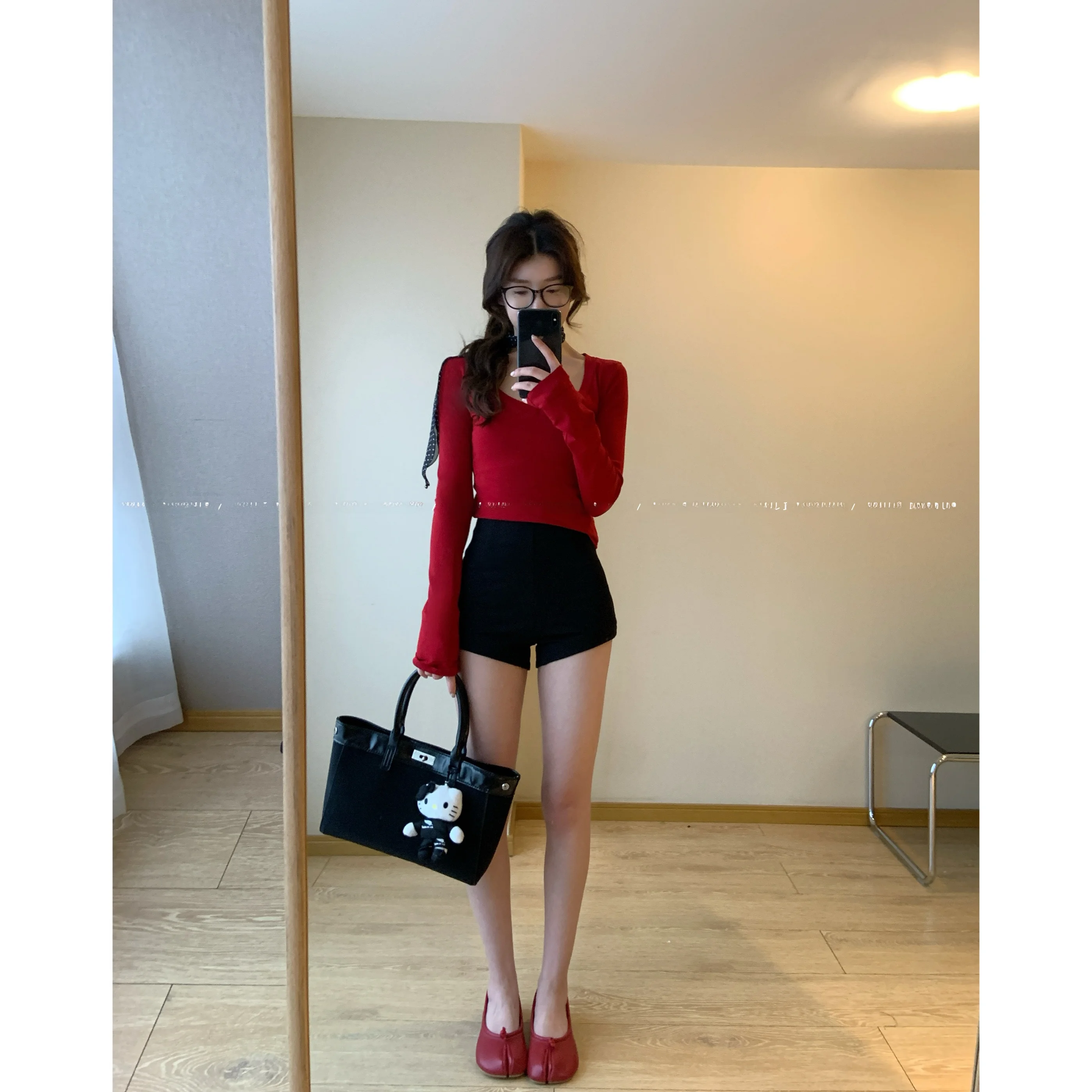 High Waist Black Slimming High Elasticity Korean Style Shorts Comfortable Straight Leg Pants for Women Asymmetrical Design