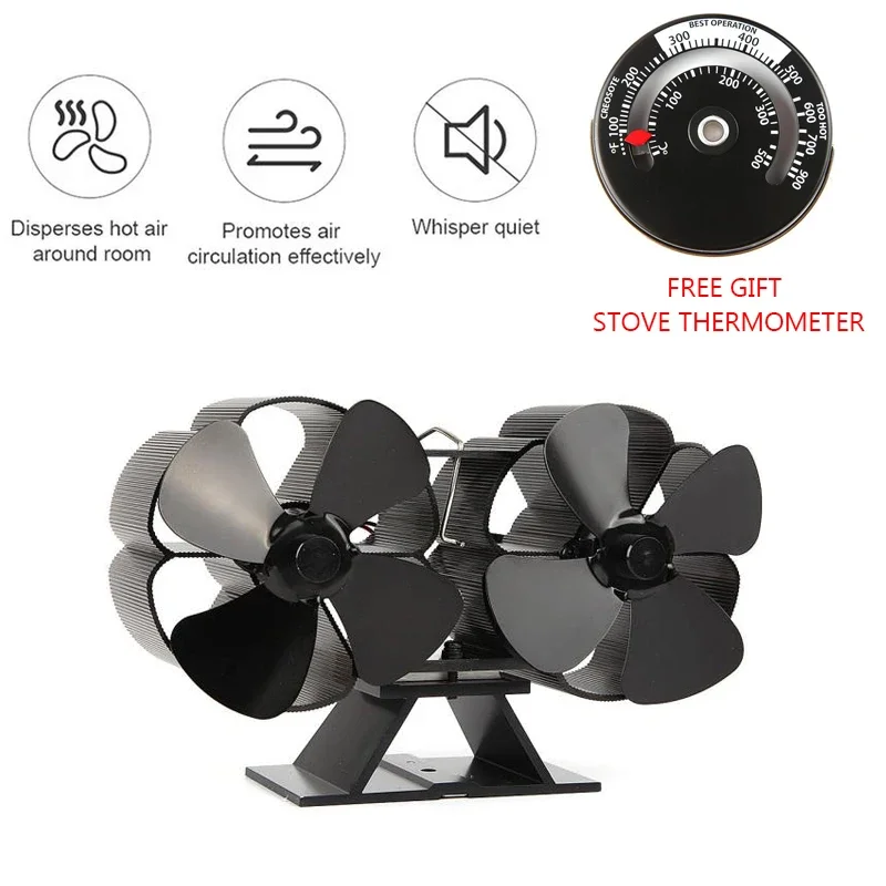 Fireplaces Stove Fan-Double Motor-8 Blades Heat Powered Fireplace Fan With Stove Thermometer for Home Fireplace Wood/Log Burner