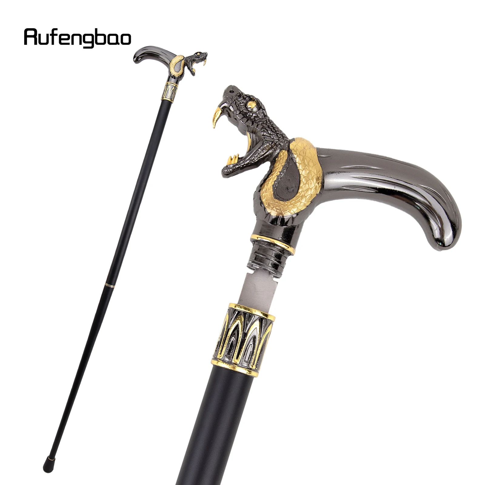 Golden Black Snake Head Biting Walking Stick with Hidden Plate Self Defense Fashion Cane Plate Cosplay Crosier Stick 93cm