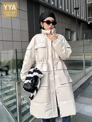 Winter Women Long Stand Collar Real Sheepskin Down Jacket Adjustable Waist Genuine Leather Jacket Windbreaker Trench Overcoat