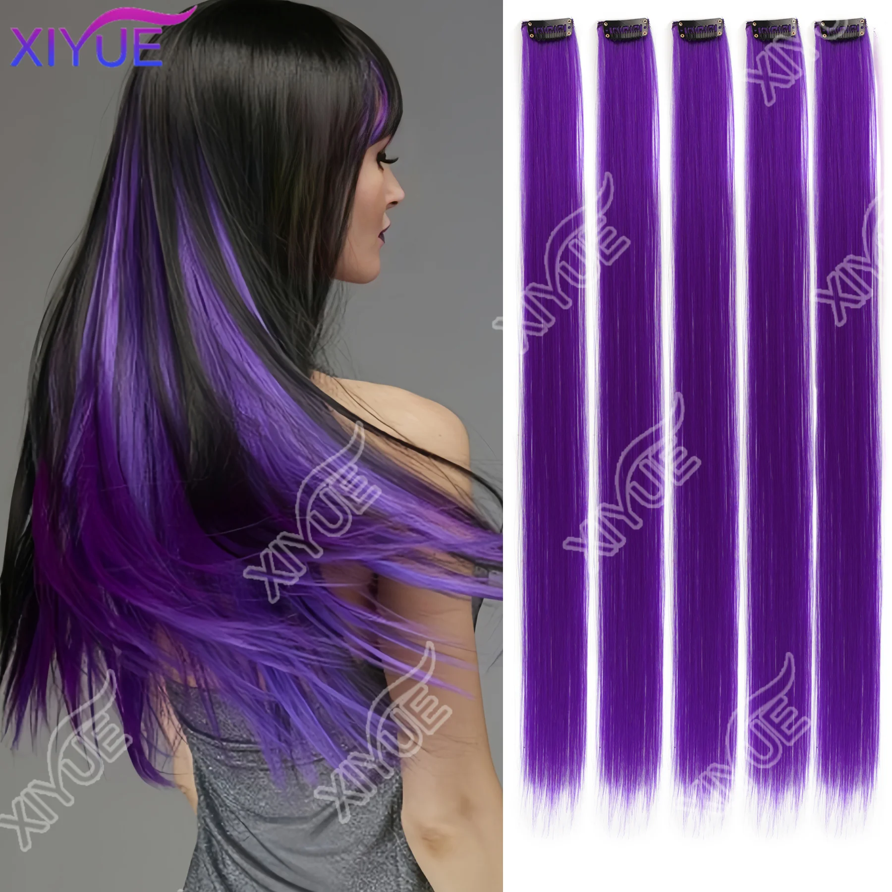 XY Clip in Hair Extensions Colored Party Highlights 24 inches 6pcs/pack Multi-colors Straight Hair Synthetic Hairpieces Purple