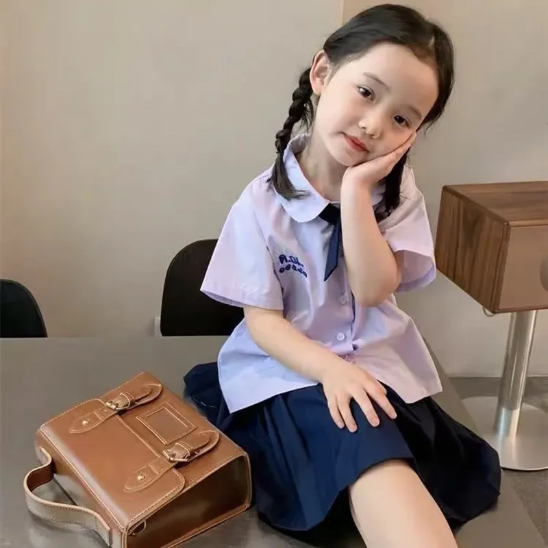 Summer Kids Girls Clothes Sets College Style Student Short Sleeve Blouses Shirts Tops Pleated Skirts Suits for Children Clothing