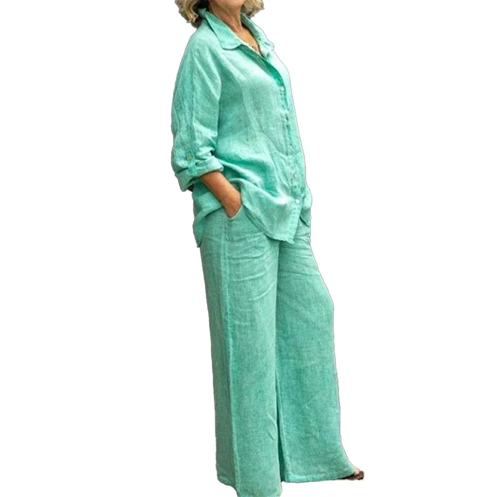 

And Loose Straight Pants Shirts+Pants Shirts+Pants Brand New Button Blouse Casual Suits Cotton Linen Lapel Shirt