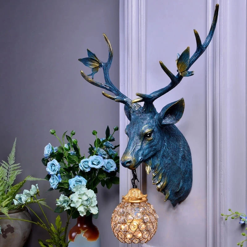 Vintage Resin Deer Head Wall Lamp Nordic luster LED Antler Wall Lamp Living Room Bedroom Corridor Home Decor Wall Lights Fixture