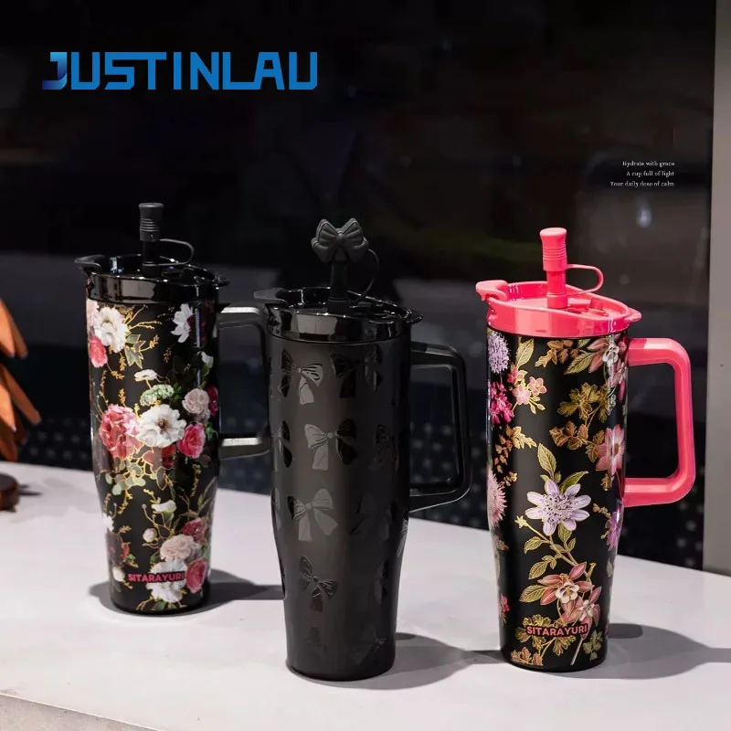 JUSTINLAU 1200ml Travel Car Mug with Straw Stainles Steel Insulated Bottle with Sticker Art Vacuum Kettle Insulation and Cooling