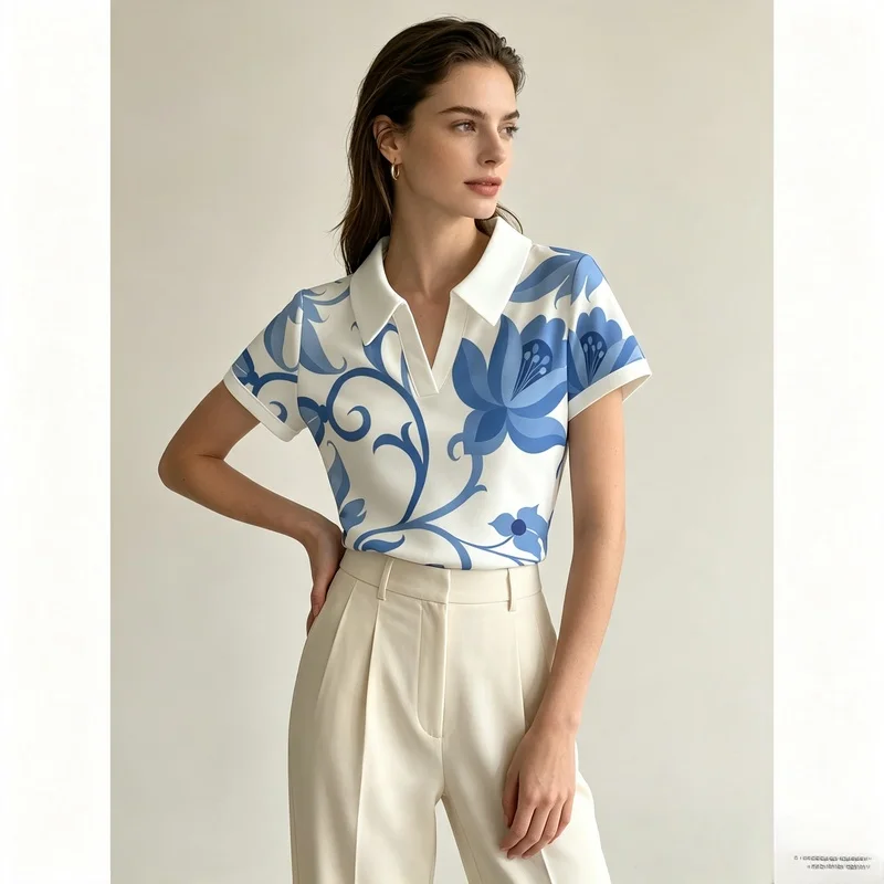 2026Women's fashionable and versatile buttonless design Polo Shirt，Blue outfitVCollarTShirt