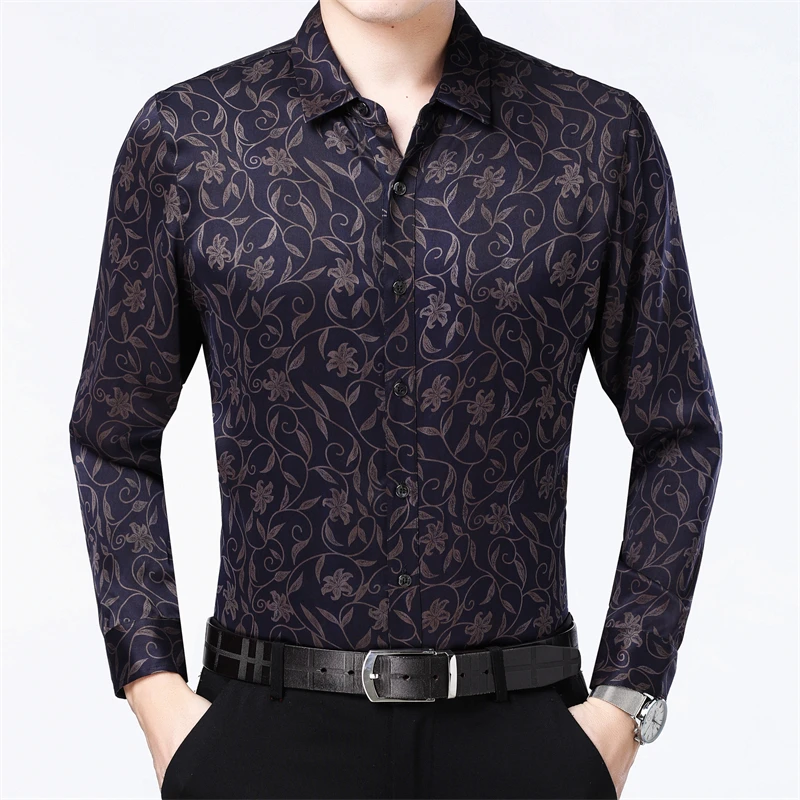 Exquisite Print Real Silk Shirts For Men Long Sleeved Regular Fit Summer Quality Soft Comfortable Smart Casual Camisas De Hombre