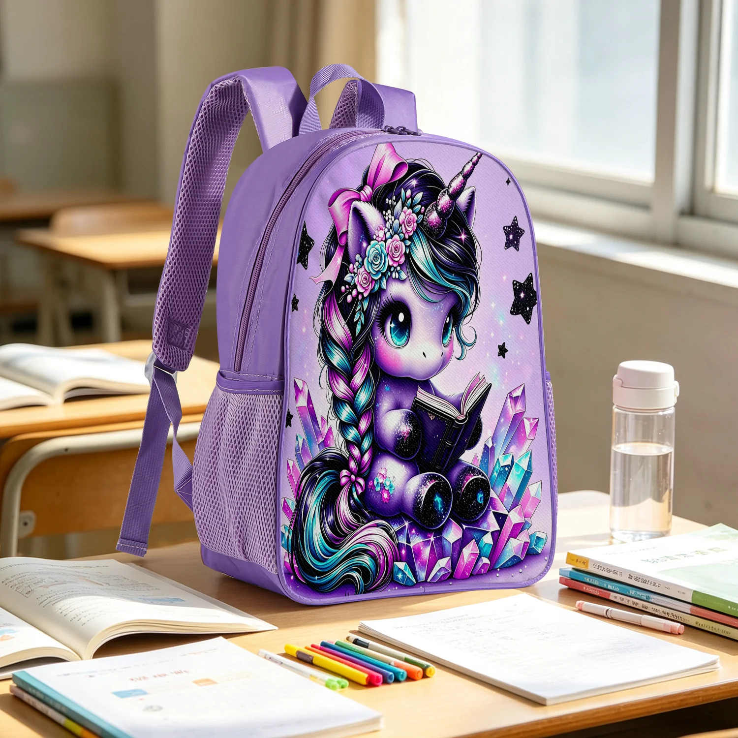 Cute Purple Unicorn Backpack Lightweight School Bookbag with Crystal Star Bow Flower Print Adjustable Padded Straps