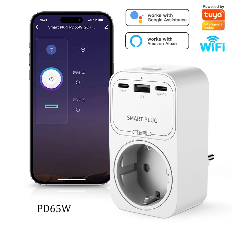 PD65W Tuya WiFi Smart Socket EU Plug Support Energy Consumption View Over-charge Prevention Outlets Google Alexa Voice Control