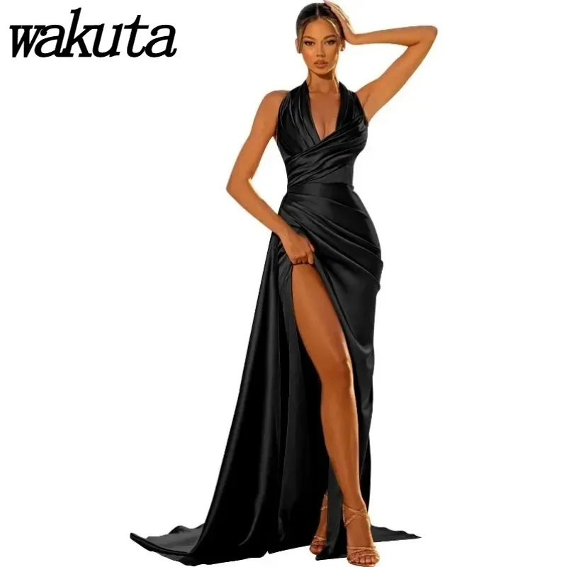 Wakuta-Mulheres Cruz V-Neck vestido plissado sem mangas, Sexy cetim sereia vestidos de baile, Slit Halter, longo espartilho, vestidos formais