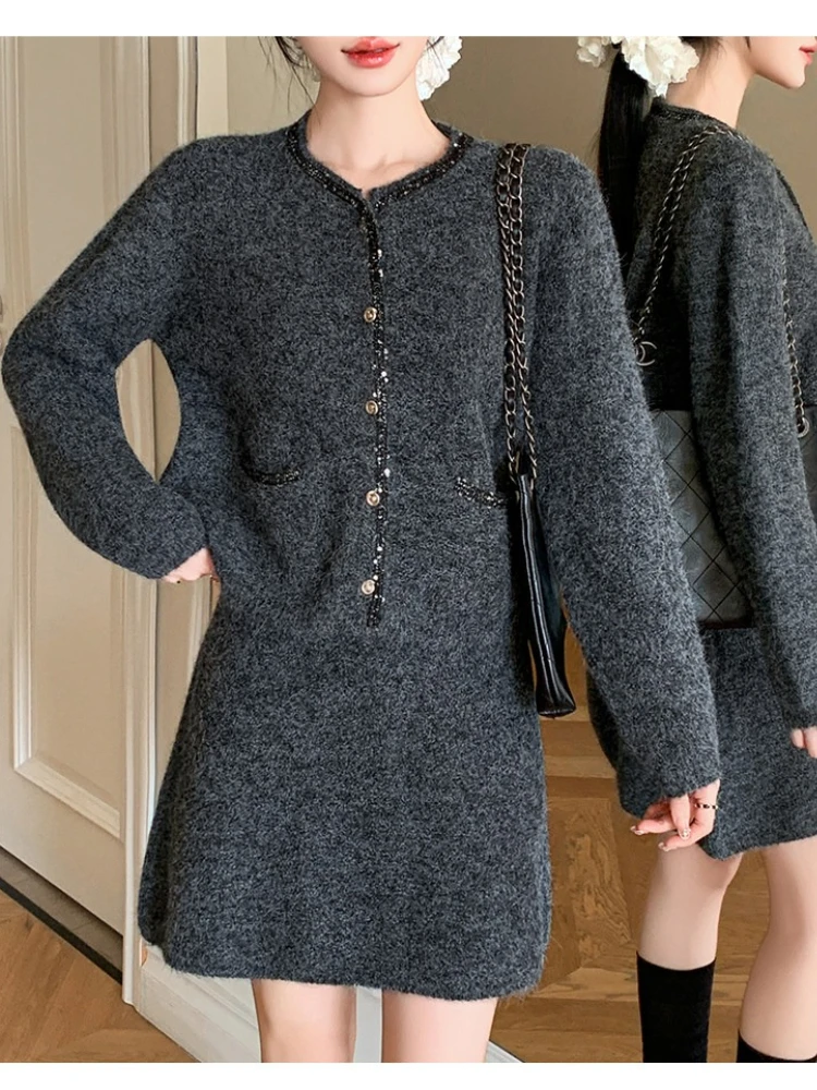 Small fragrant style temperament two-piece set women's 2026 autumn winter new round neck knitted cardigan+hip hugging skirt