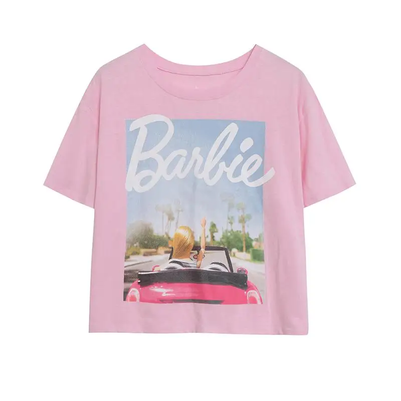 New Kawaii Barbie Summer Cartoon Print Short-Sleeved Tops Fashion All-Match Girls Plus Size Loose Large Size Short T-Shirt Gifts