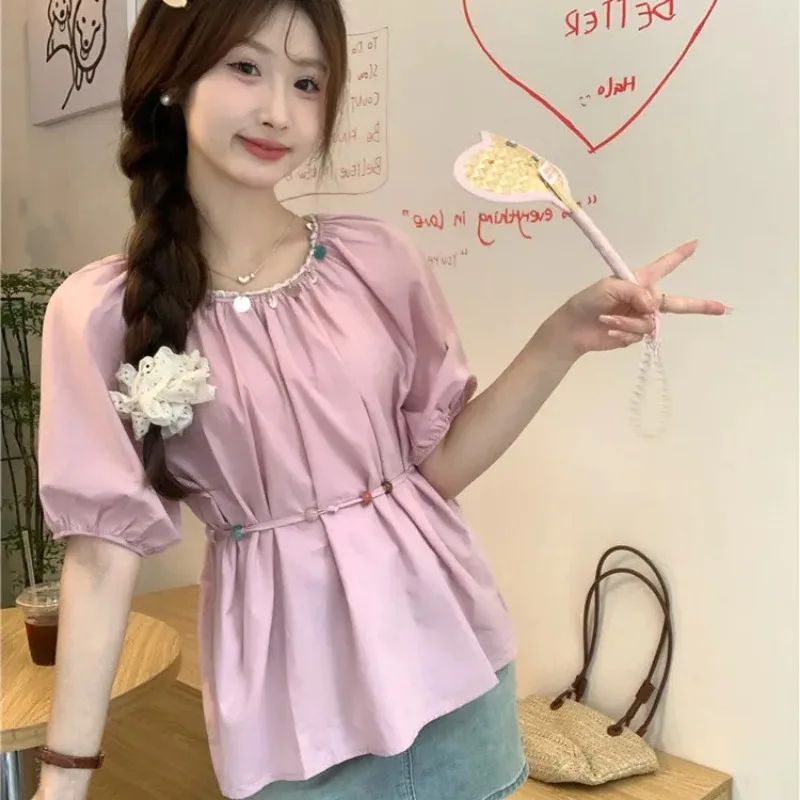 

Women's Pink Puff Sleeve Blouse Round Neaded Trim Drawstring Waist Floral Applique Casual Top