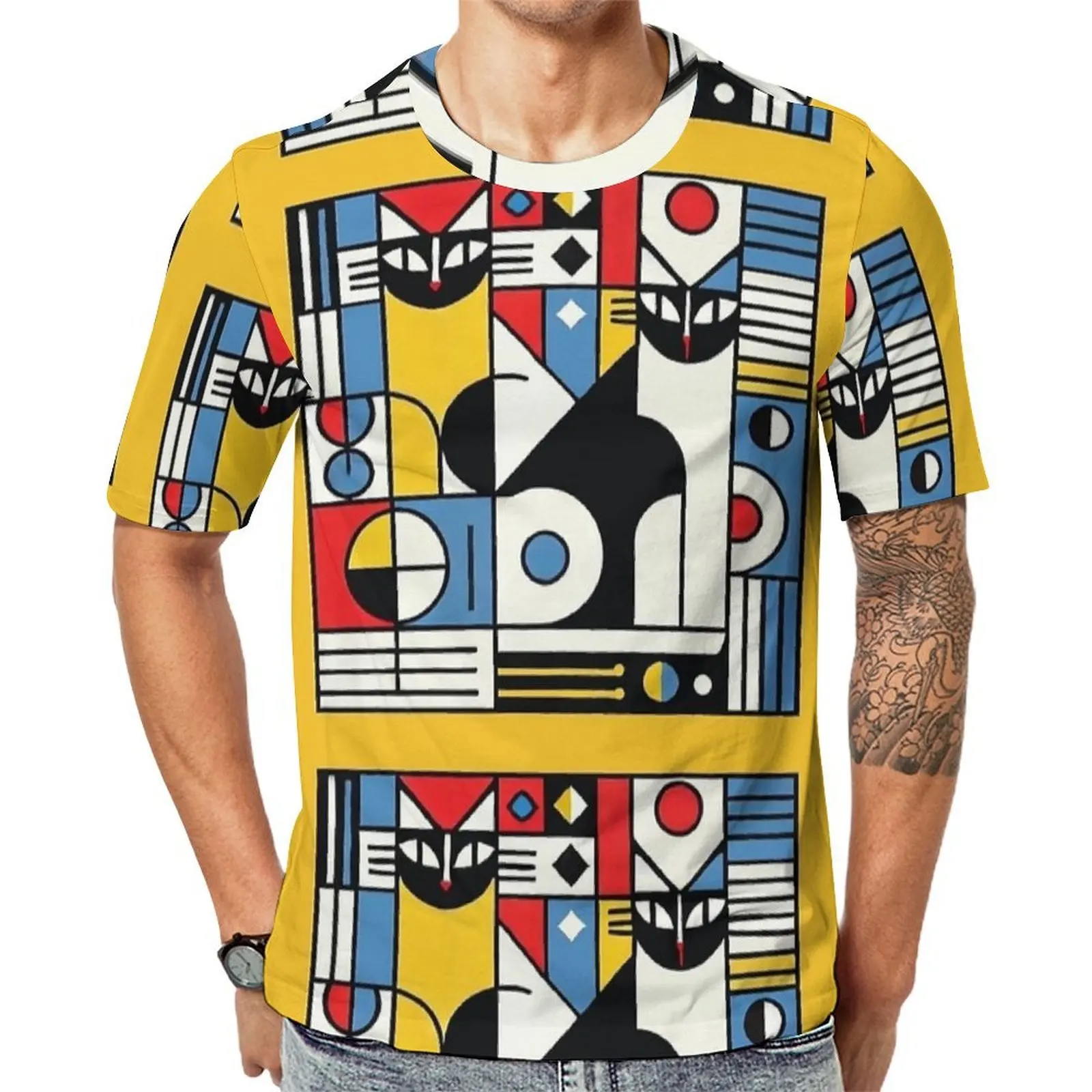 Bauhaus Cat Geometric Print T-Shirt  Retro T-Shirts Man Basic Tshirt Summer Short-Sleeve Design Clothing Big Size 5XL 6XL