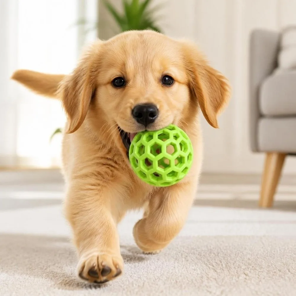 Balle sonore interactive colorée pour chien, jouet à mâcher en caoutchouc pour chien, nettoyage des dents, design nid d'abeille, balle de jeu pour animaux de compagnie, entraînement