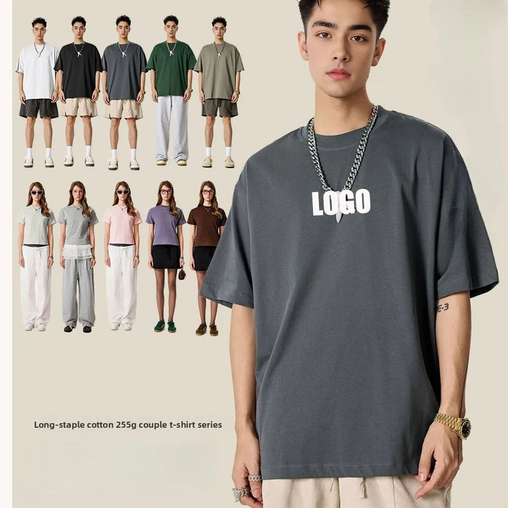 

Custom LOGO men's new 255G heavy 100% cotton summer high-quality couple's T-shirt casual sports short-sleeved top