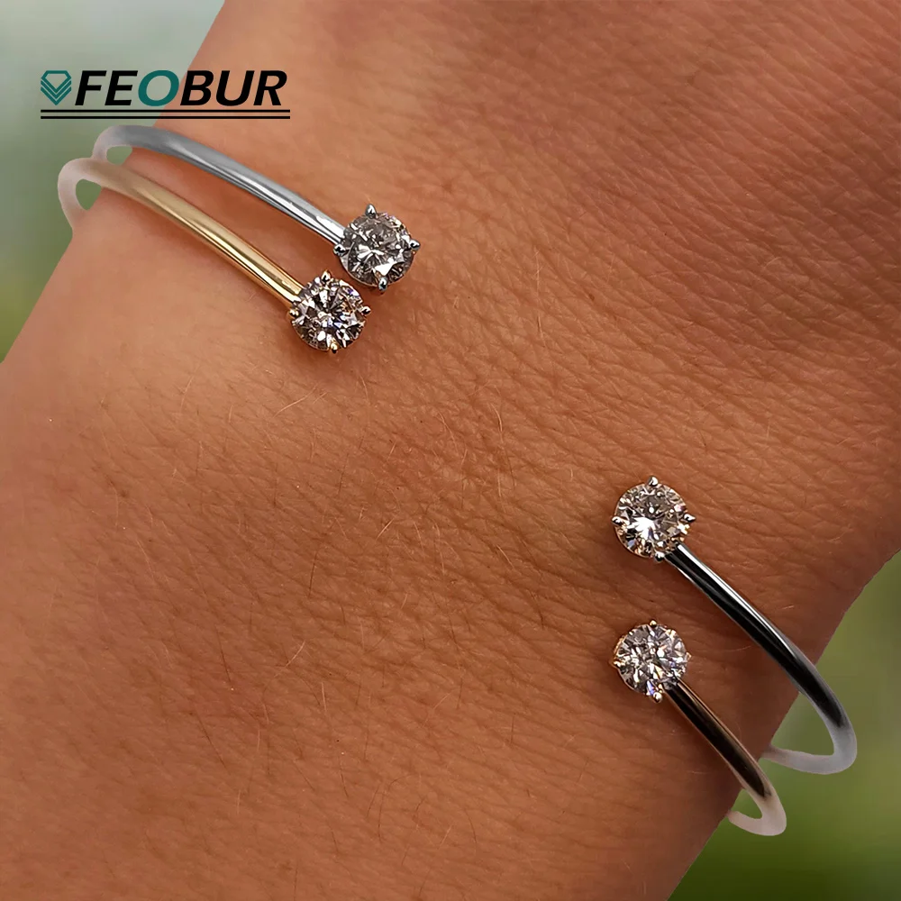 

FEOBUR Certified 1CT Moissanite Open Bangles for Women Solid 925 Silver Classic 2-Diamond Cuff Bracelet Dainty Jewelry Gift