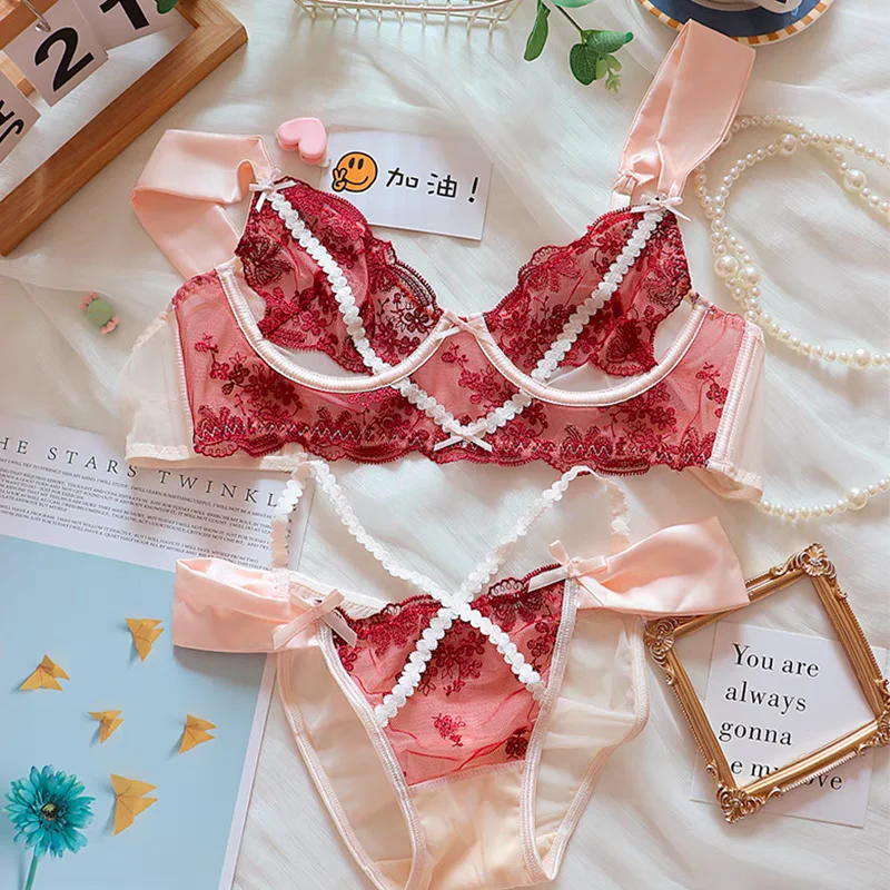 

Sexy French Bra Underwear with Pure Desire Small Chest Gathered with Steel Ring Lace Bra Set Palace Lingerie for Sensual Woman