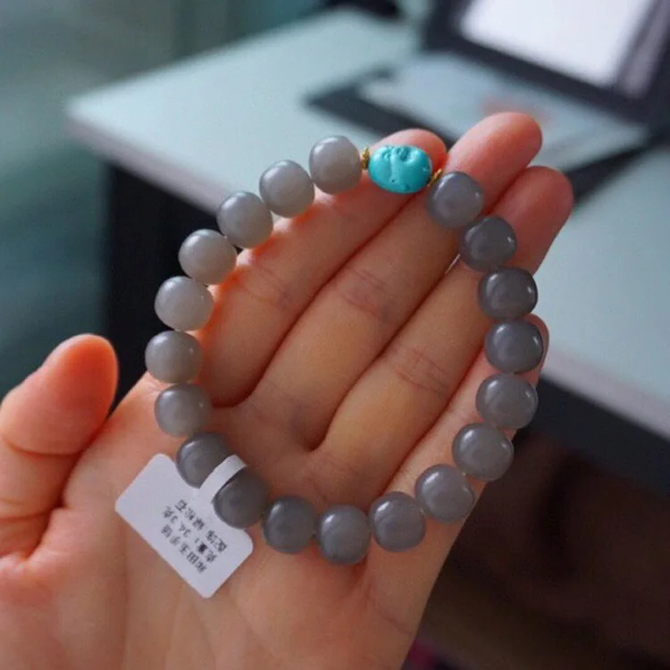 

Original Natural Hetian Jade Smoky Purple 9*10mm Bracelet with Rhodochrosite Turquoise Carved Maitreya Buddha