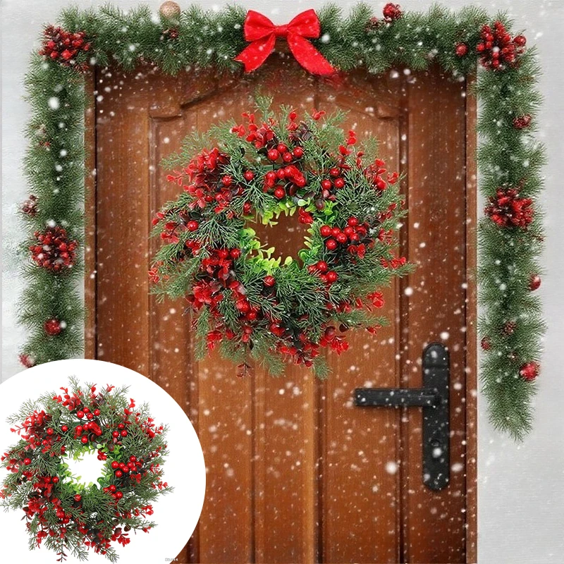 

35/45cm Christmas Wreath with Red Berries - Artificial Eucalyptus Leaves Door Hanging, Front Door Garland, Home Wall Decoration