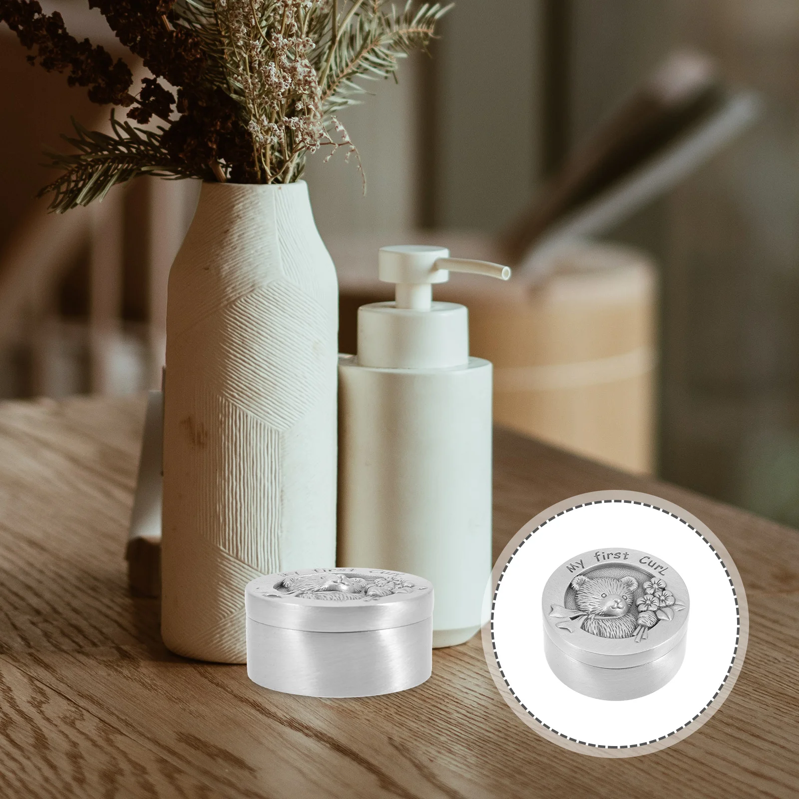 

Fetal Hair Keepsake Box Round Cartoon Design Premium Stainless Steel Baby First Hair Storage Container For Kids Memory Gift