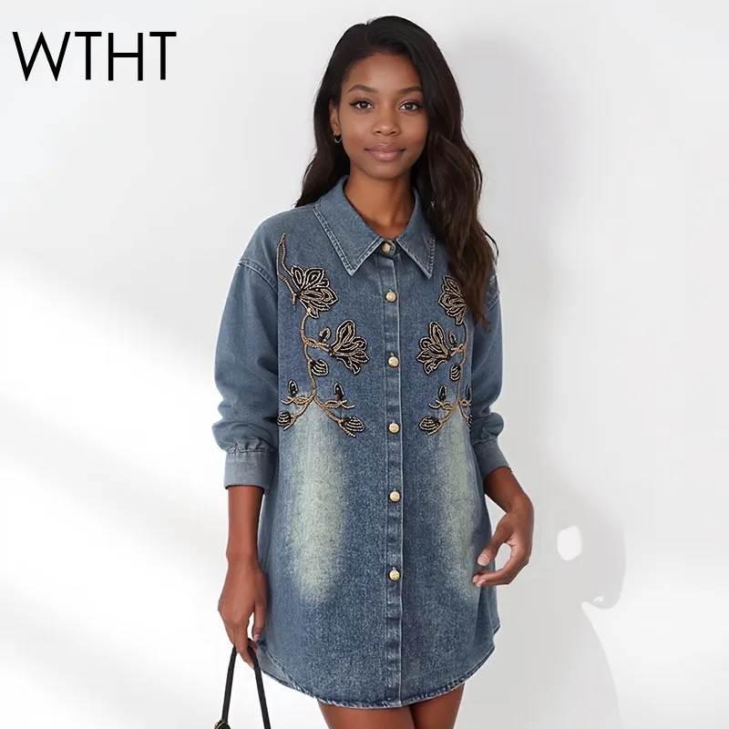 

WTHT New Fashion Women's Heavy Industry Embroidery Denim Shirt 2026 Spring Trendy Lapel Long Sleeves Blouse Female 1LS2894