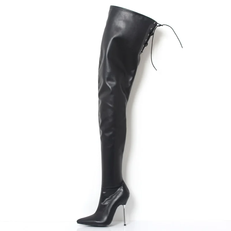 FHC 12cm Metal Heel,Women Thigh High Boots,Fetish Stage Dance Shoes,Men Cosplay Botas,Pointed Toe,Big Size 46,Customized Colors