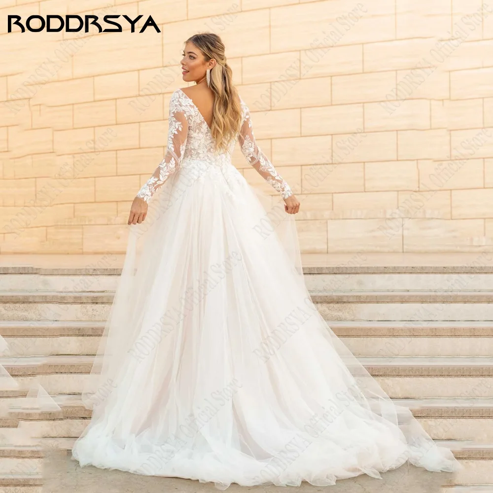 RODDRSYA Civil Wedding Gowns Long Sleeves Double V-Neck Lace Bridal Gowns Lace Applique A-Line 2024 vestido de noiva casamento