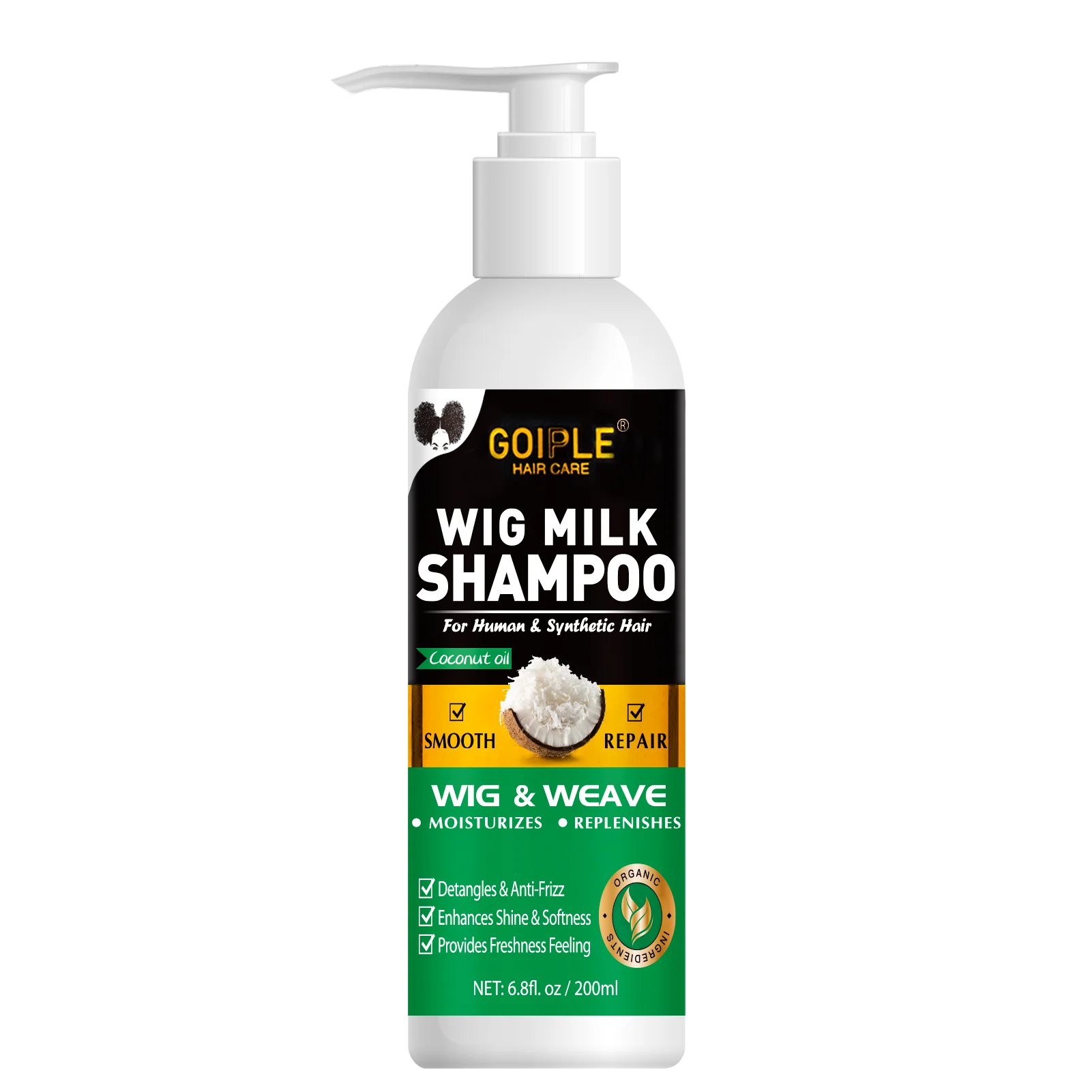 GOIPLE Peluca de aceite de coco Natural Champú de leche Reparación suave Hidrata el cabello rizado para pelucas Onda 2 en 1 Producto para el cuidado del lavado de peluca