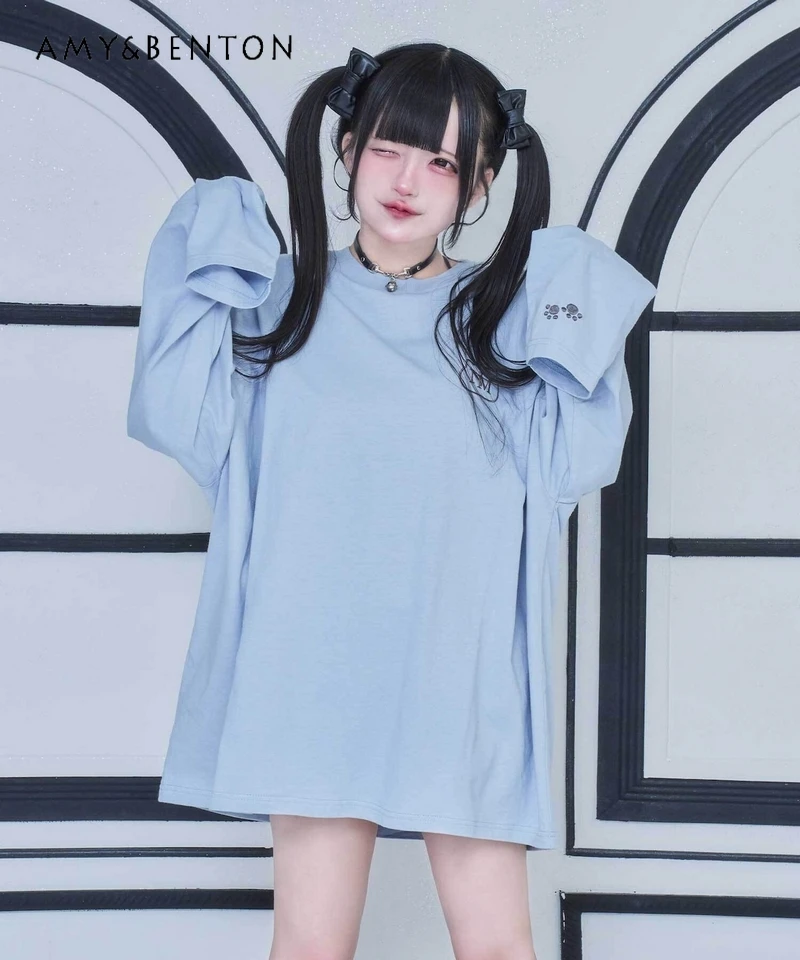 Japanese Mine Series Mass-produced Cartoon Embroidered Cotton Long-sleeved T-shirt Solid Color Versatile Subculture Gothic Top