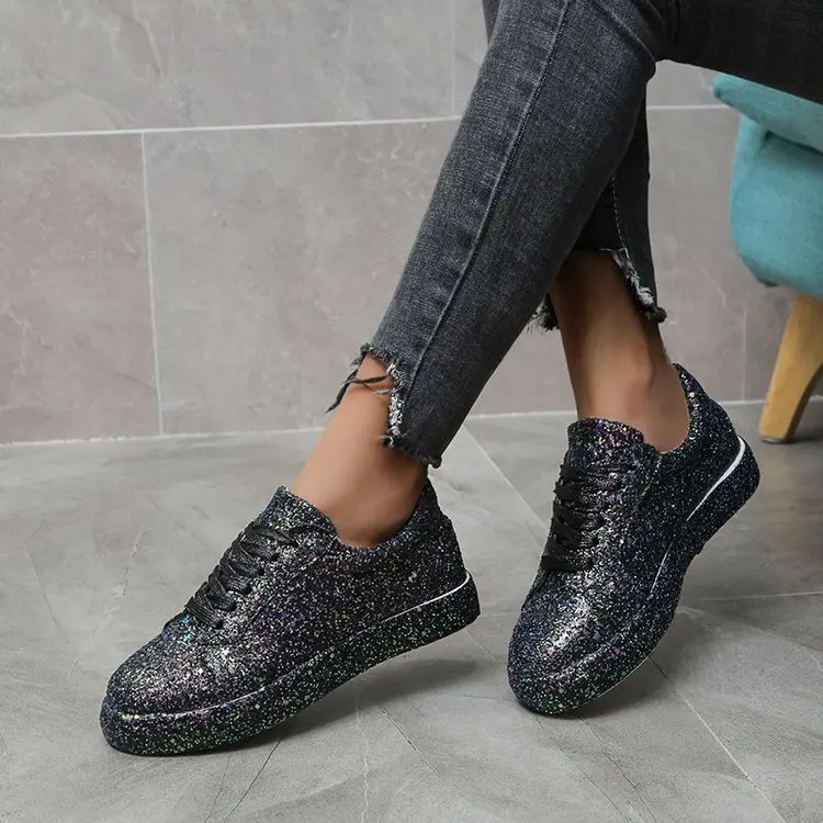 2022 Women Lace Up Sneakers Glitter Autumn Flat Vulcanized Ladies Bling Casual Female Fashion Platform Fashion Flat Shoes