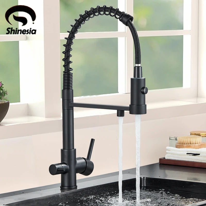 Shinesia Gourmet Filtered Kitchen Faucet Black Pure Drinking Water Brass Kitchen Tap Daul Spout Water Purifier Faucet