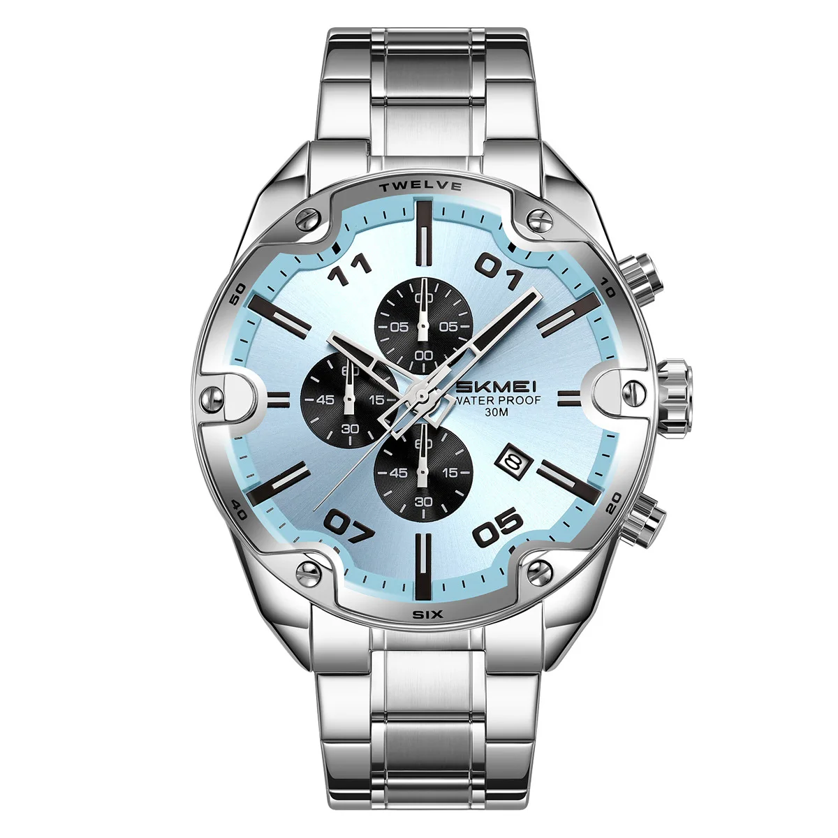 Men's Three Eye Chronograph Steel Band Round Quartz Watch with Waterproof Calendar Folding Clasp Wristwatch