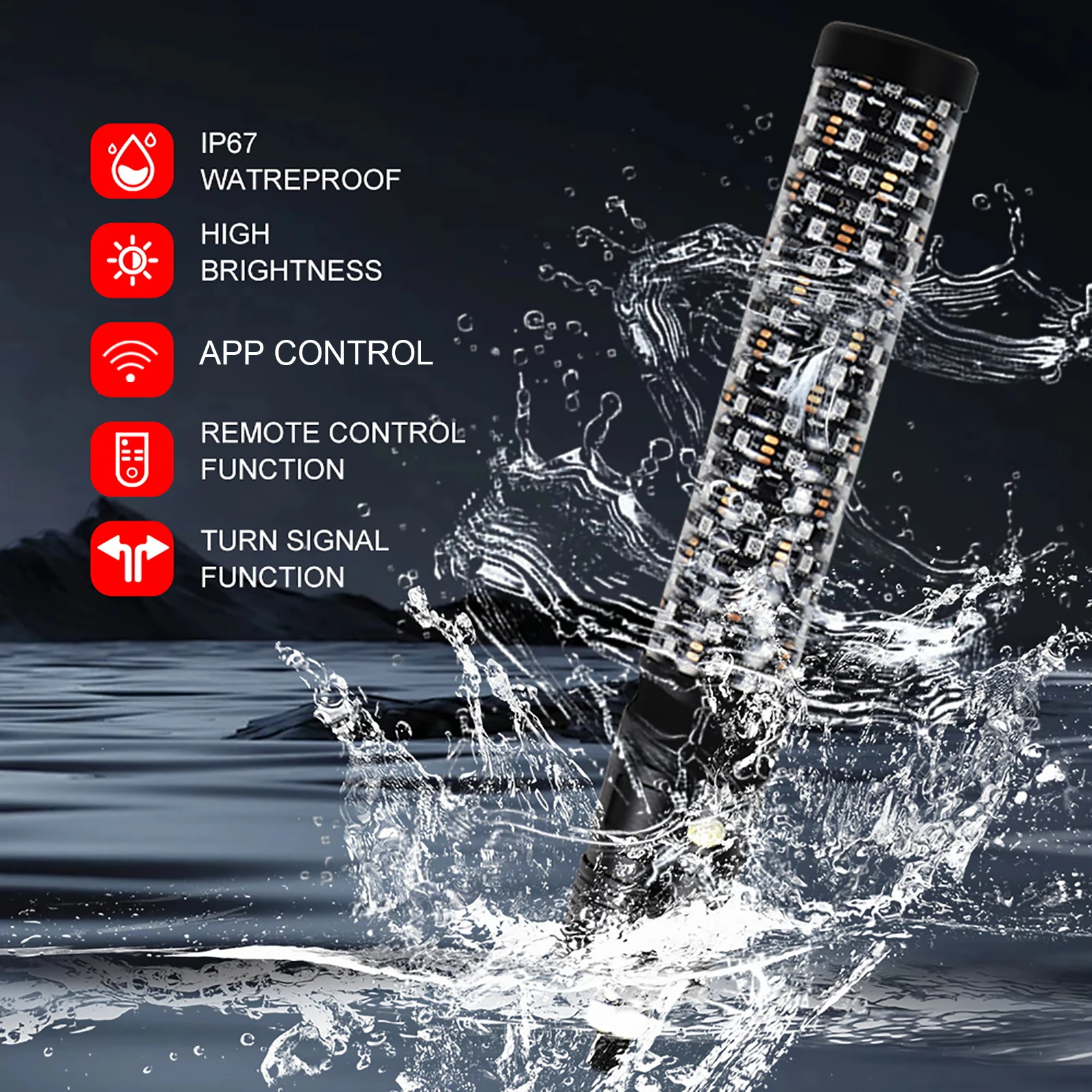 1ft RGB Whip Lights for Polaris RZR Off-Road Ruck Car 4X4 Sand Buggy Dune UTV ATV Spiral LED Whip Light App Remote Control