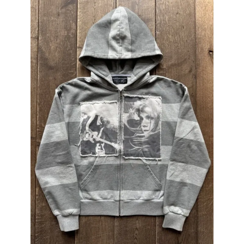 Y2K Striped Zip Up Hoodie Unisex Rock Music Portrait Print Hooded Sweatshirt Harajuku Alt Aesthetic Long Sleeve  Streetwear