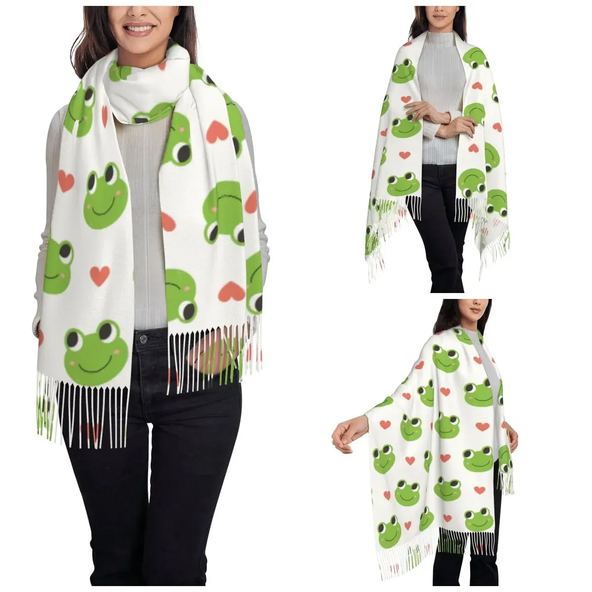 Womens Scarf with Tassel Happy Frogs Pattern Long Soft Warm Shawl Wrap Cute Frog Animal Gifts Pashmina Scarves