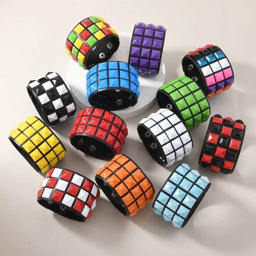 18 Color Punk Hip-Hop Three Rows of Square Rivets PU Leather Big Wide Bracelet For Male Female Buckle Wristband Vintage Jewelry