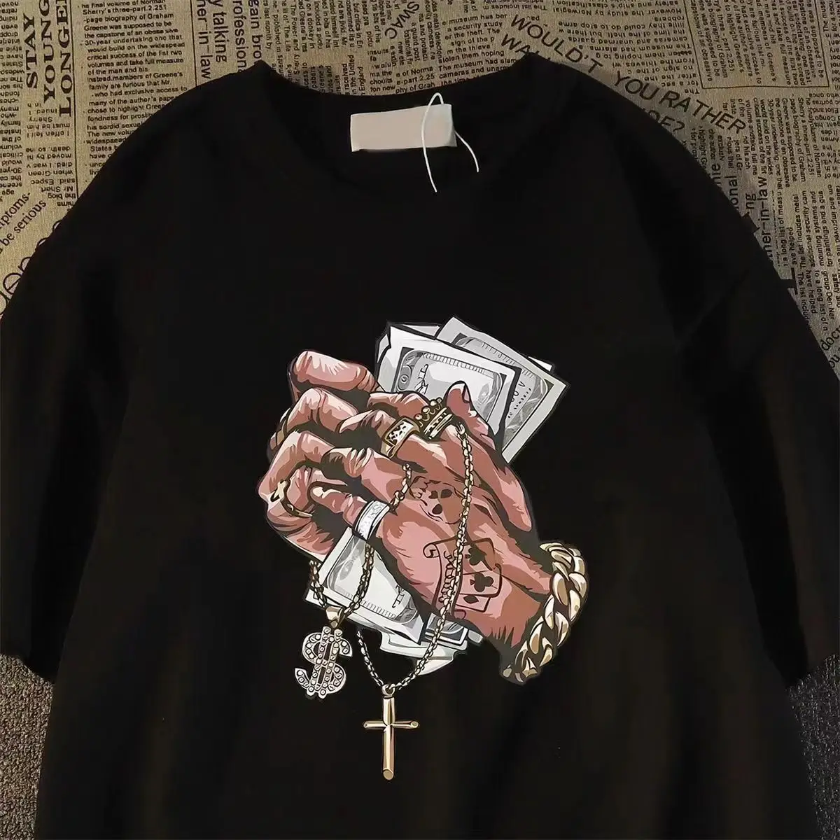 

American Retro Hiphop Handstick USD Pure Cotton Short sleeved T-shirt for Summer, Loose and Versatile, Trendy Brand High Street