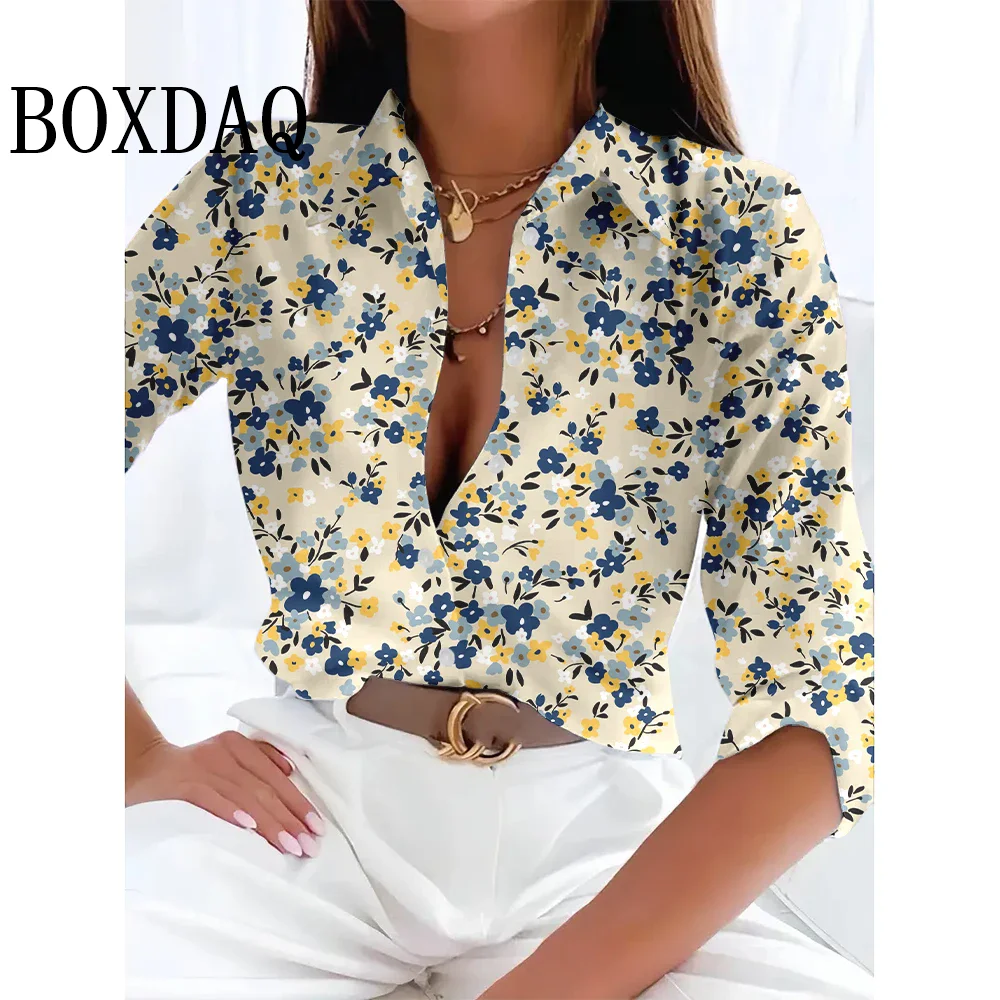 Floral 3D Print Women's Long Sleeve Blouses Basic Tops Plus Size Elegant Women's Single-Breasted Shirts Lapel For Office Spring