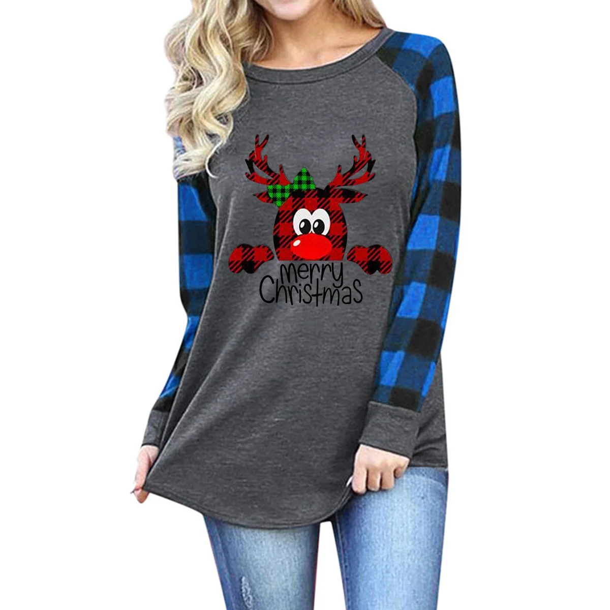 

Women's Santa Claus Pattern Printed Round Neck Raglan Long Sleeve T-shirt Women's Loose and Versatile Elegance and Personality