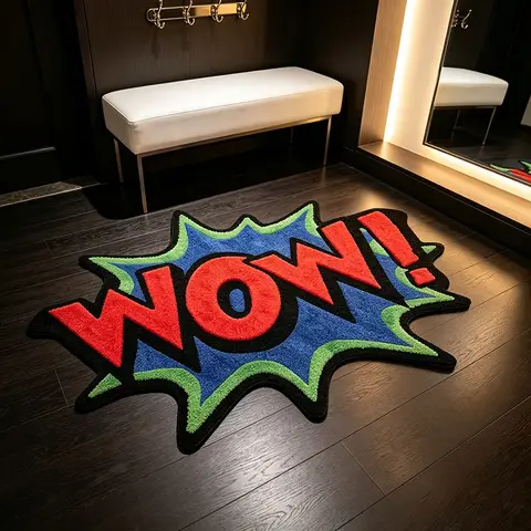 American Comic Style WOW Burst Shaped Rug Creative Text Personalized Floor Mat Cool Gaming Room Bedroom Decor Carpet Soft Plush