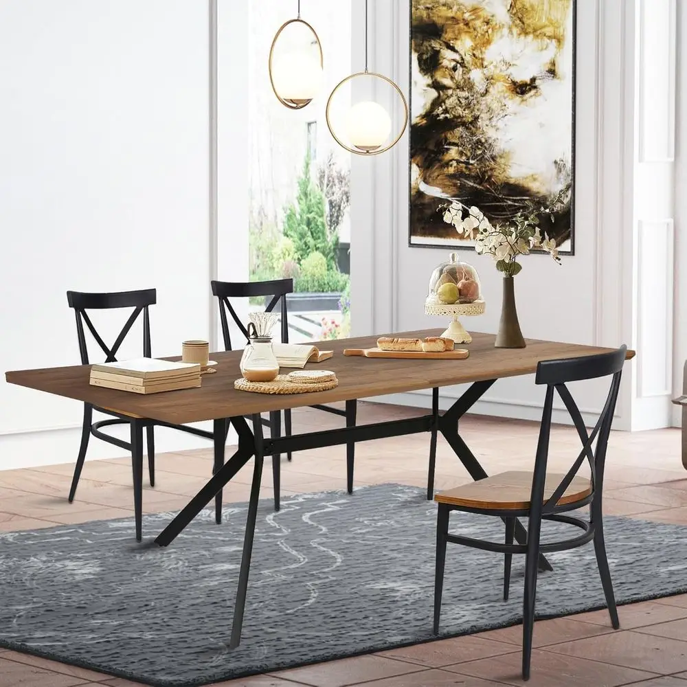 طاولة طعام من خشب الجوز في منتصف القرن، مقاعد 6-8، طراز صناعي بأرجل معدنية #2